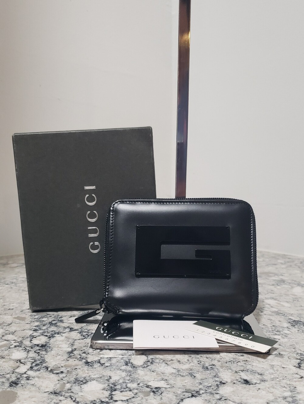 Gucci Tom Ford Black Leather Compact Zip-around Glossy Square G Logo Wallet